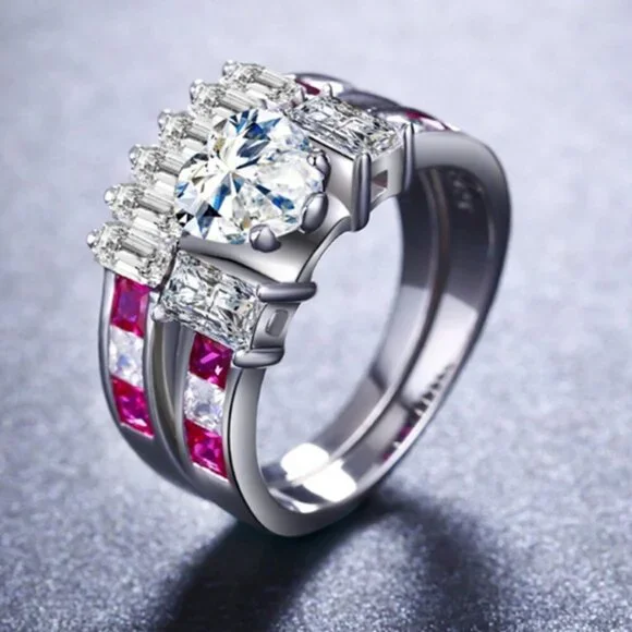 🎁925 Silver Plated Beautiful Heart Shaped CZ Women Ring, MLNN1016